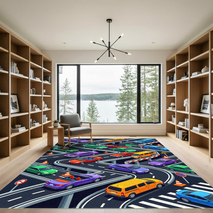 Vibrant Isometric Traffic City Grid Rug