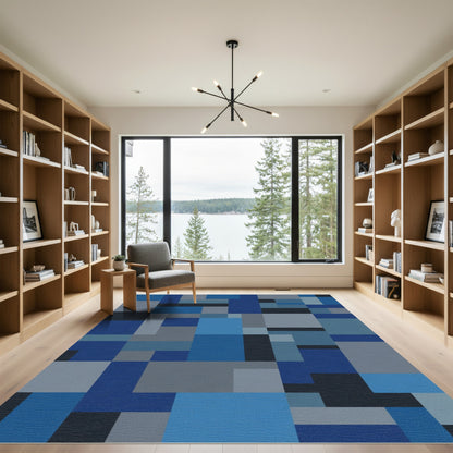 Cool Blue Geometric Blocks Rug