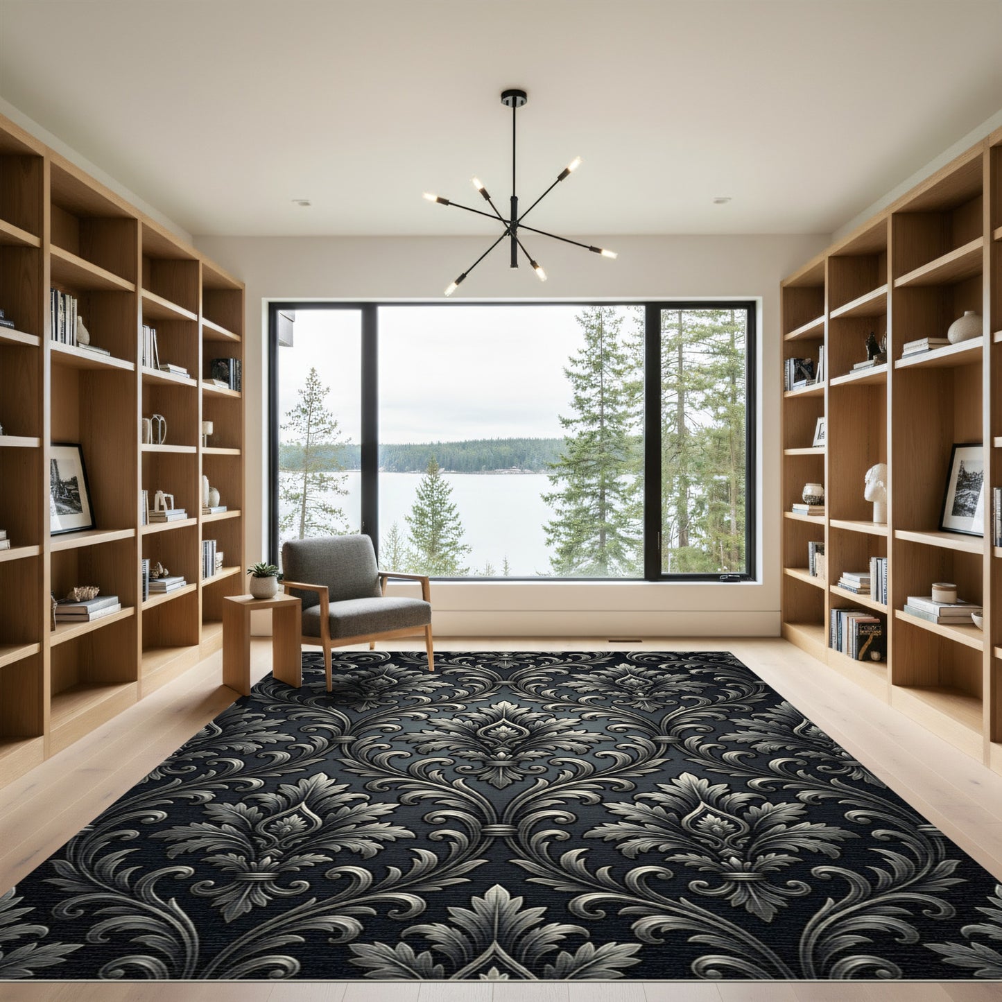 Ornate Black Silver Acanthus Damask Rug