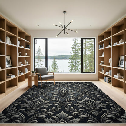 Ornate Black Silver Acanthus Damask Rug