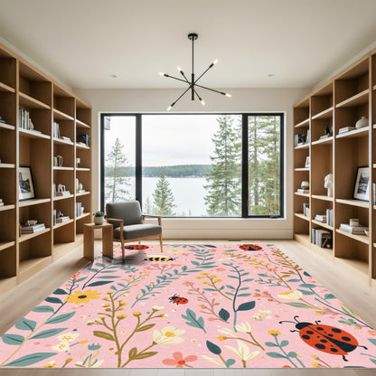 Pink Garden Ladybug Bee Floral Meadow Rug