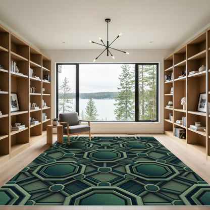 Emerald Octagonal Interlocking Geometric Grid Rug