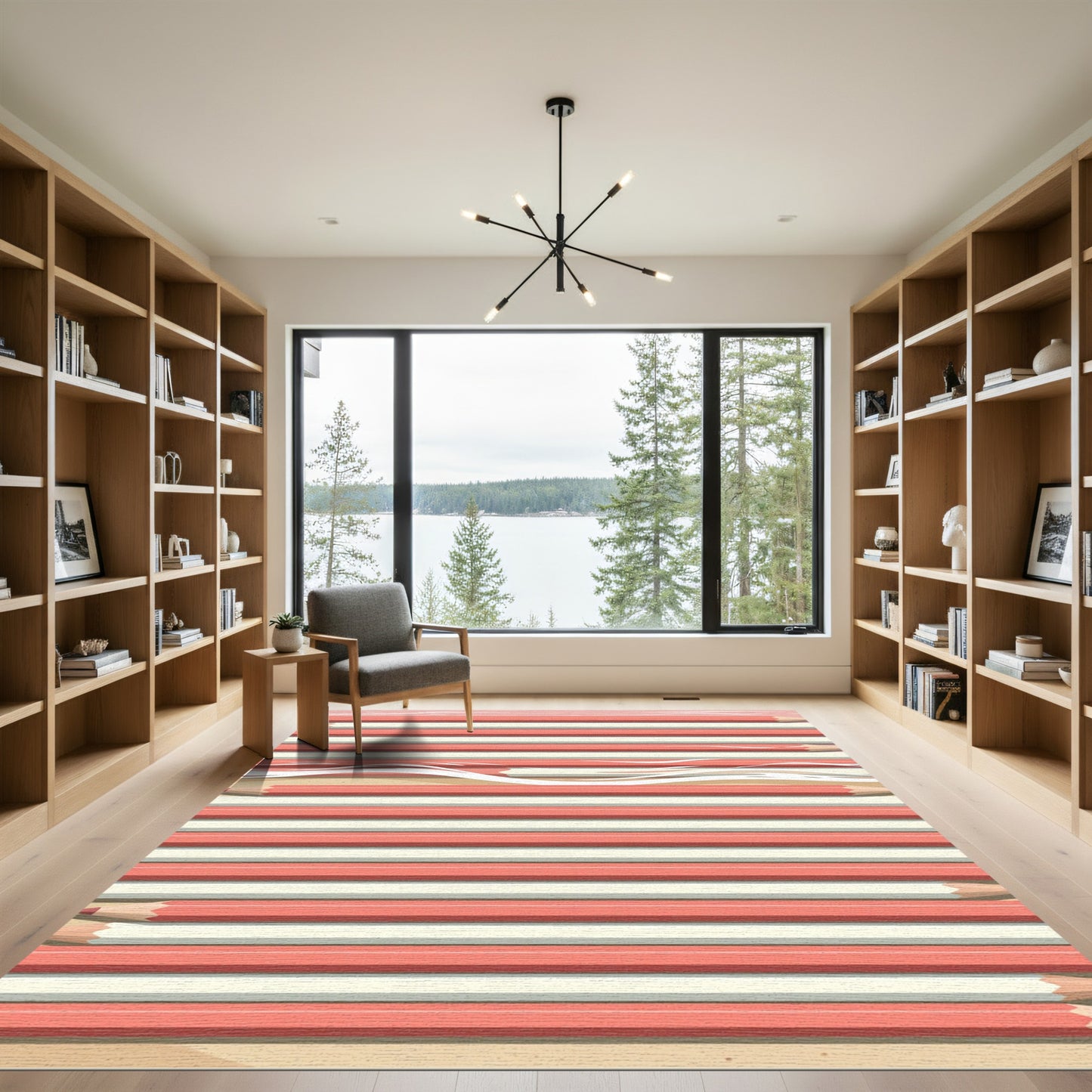 Coral Pink Cream Horizontal Stripes Rug