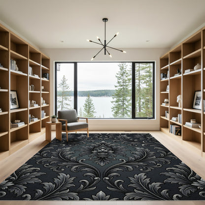 Luxury Silver Charcoal Baroque Damask Rug