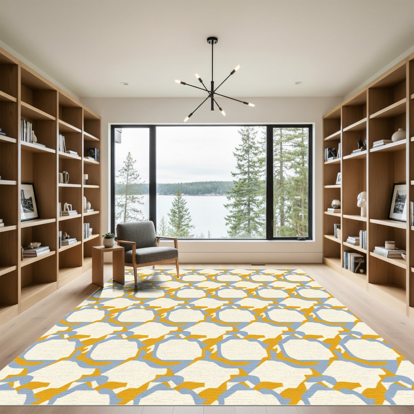 Ivory Ochre Blue Geometric Interlock Rug