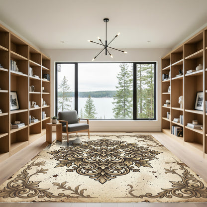 Ornate Antique Gold Damask Medallion Rug
