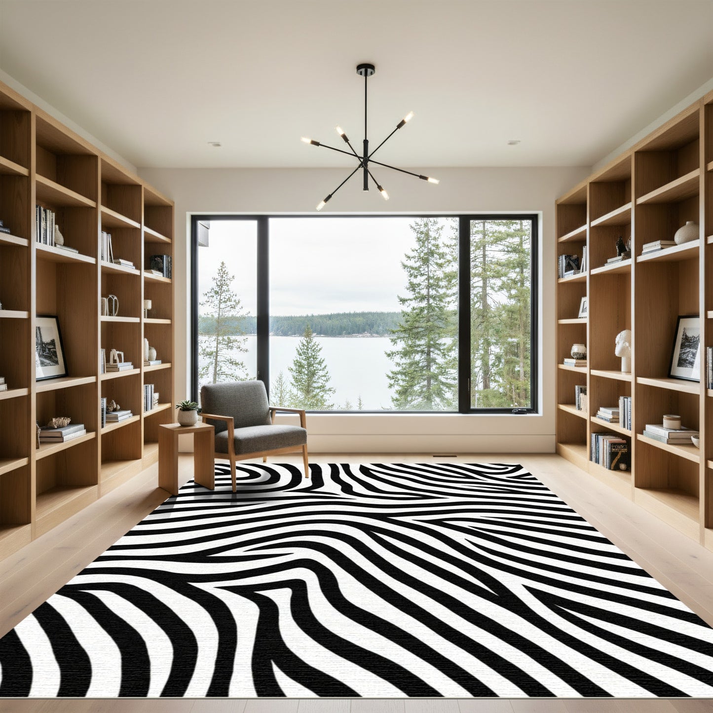 Striking Black White Wavy Lines Rug