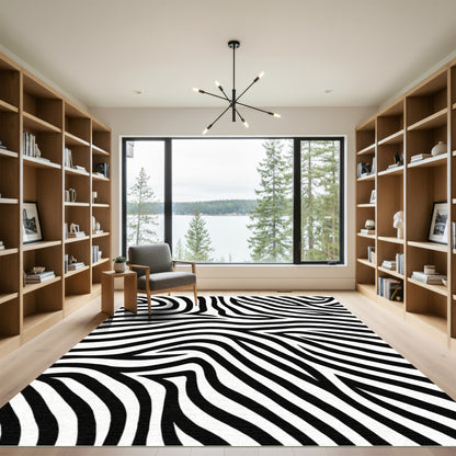 Striking Black White Wavy Lines Rug