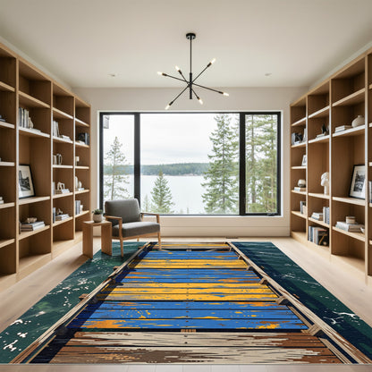 Blue and Yellow Distressed Plank Tide Rug