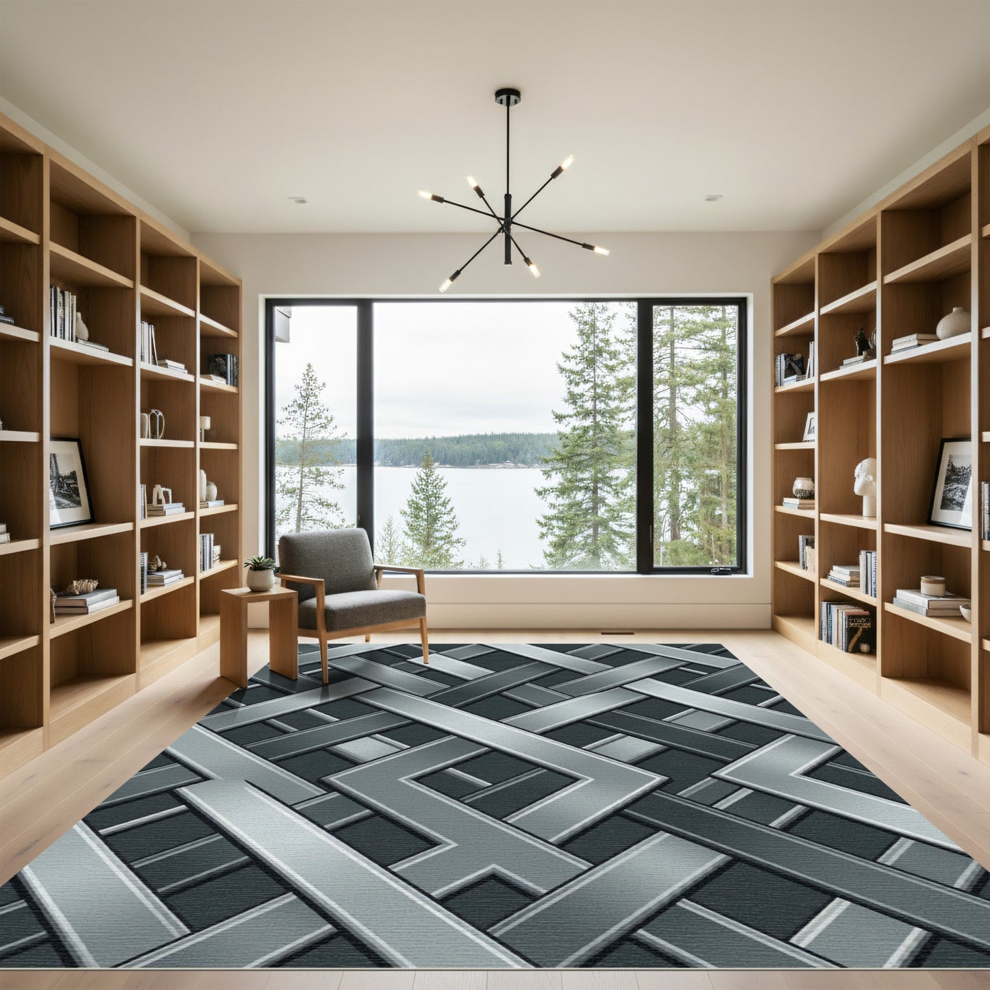 Modern Metallic Silver Interlocking Grid Rug