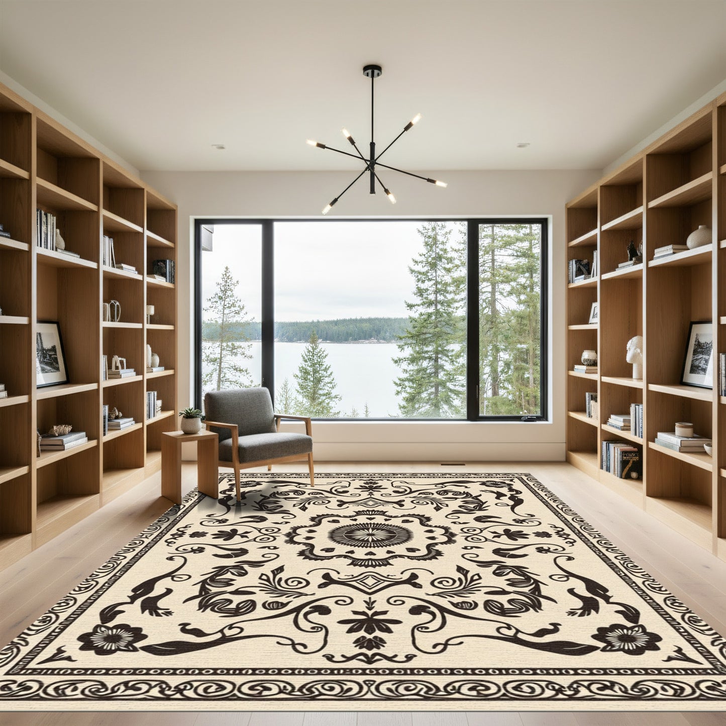 Cream Black Filigree Floral Medallion Rug