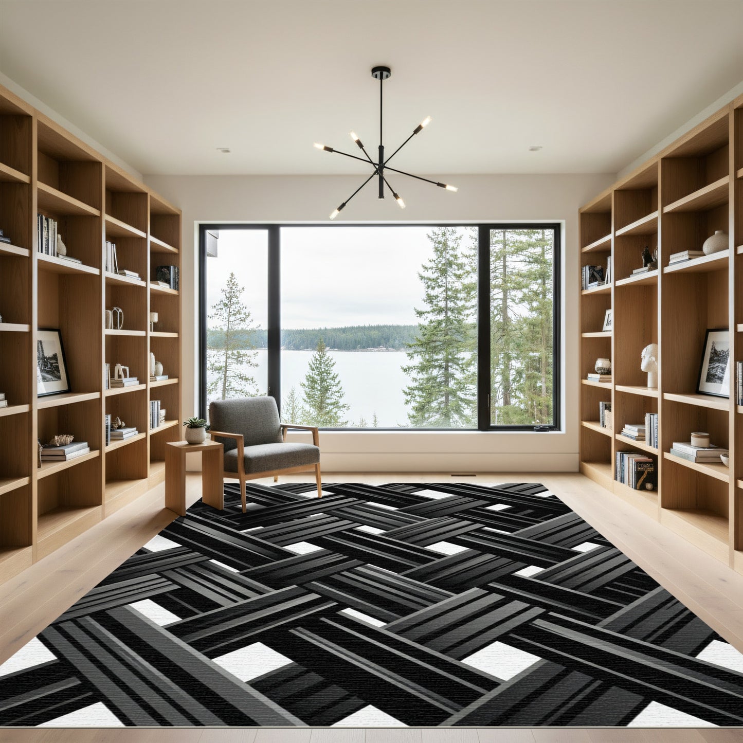 Monochrome Interwoven Charcoal Diagonal Grid Rug