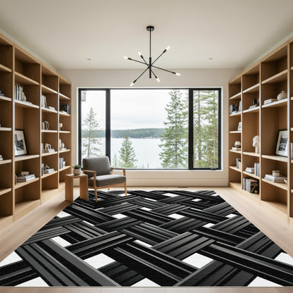 Monochrome Interwoven Charcoal Diagonal Grid Rug