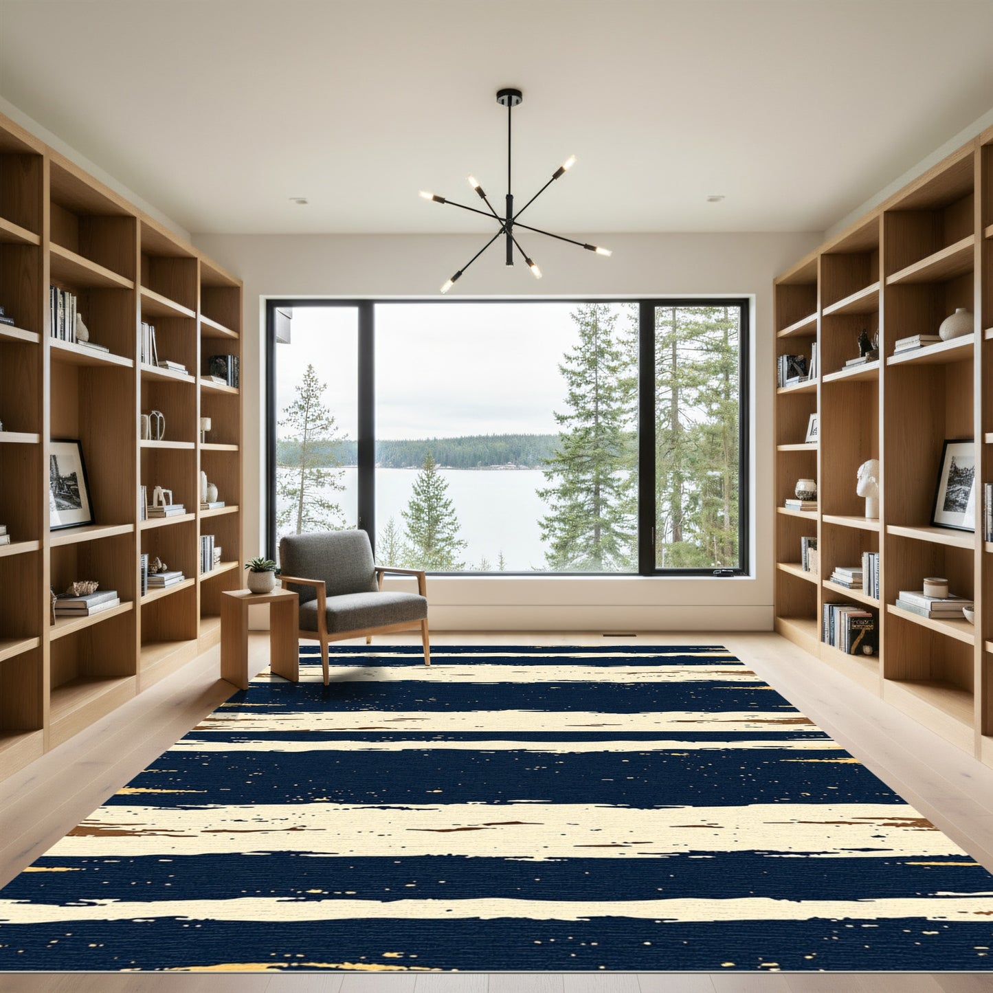 Modern Navy and Cream Distressed Stripe Rug