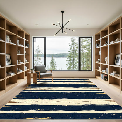 Modern Navy and Cream Distressed Stripe Rug