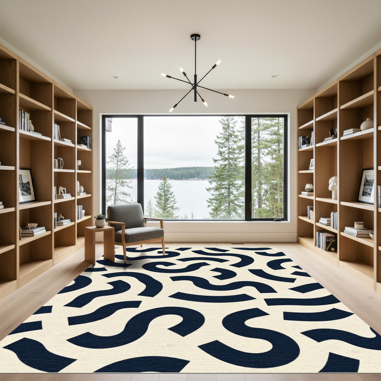 Cream Navy Abstract Swirls Rug