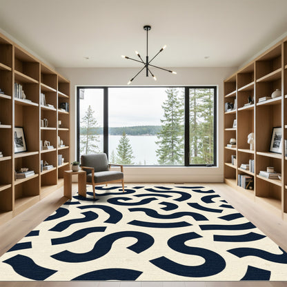 Cream Navy Abstract Swirls Rug