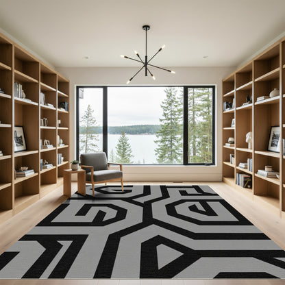 Abstract Black Gray Geometric Labyrinth Rug