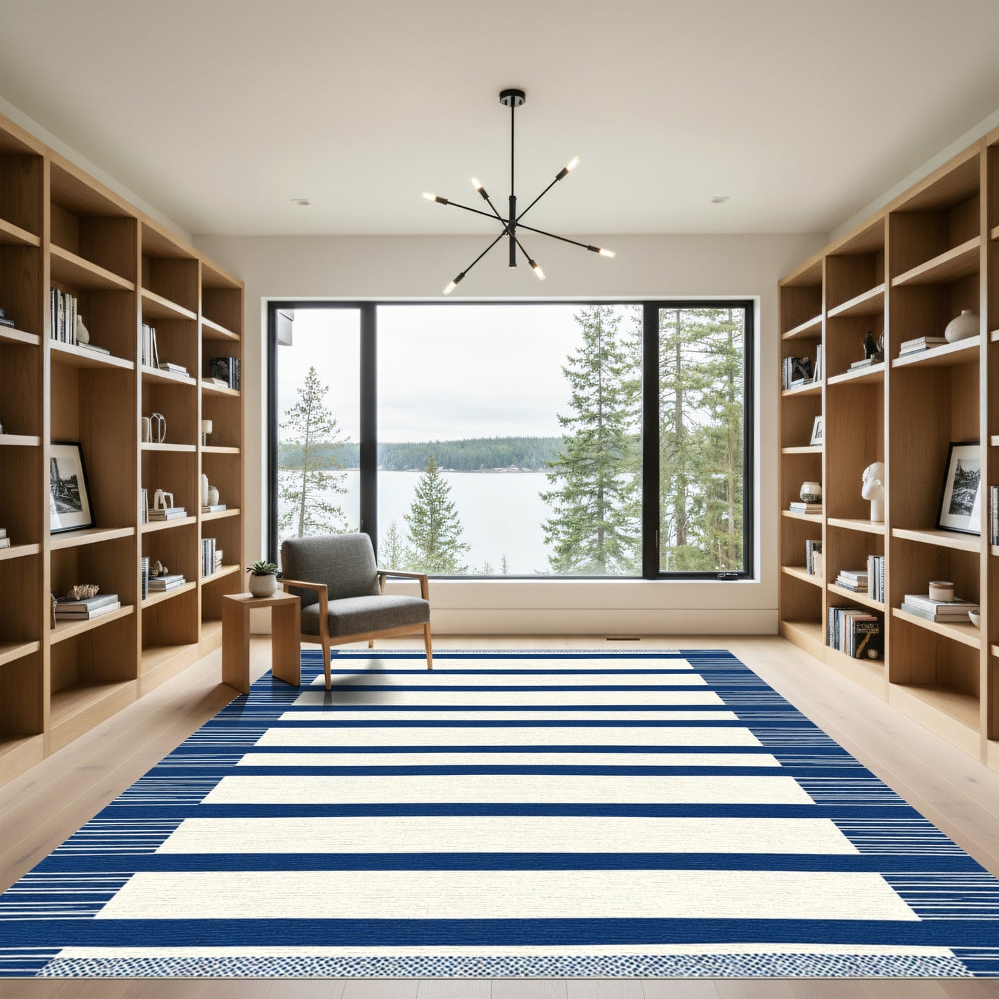 Navy Blue White Stripe Border Rug