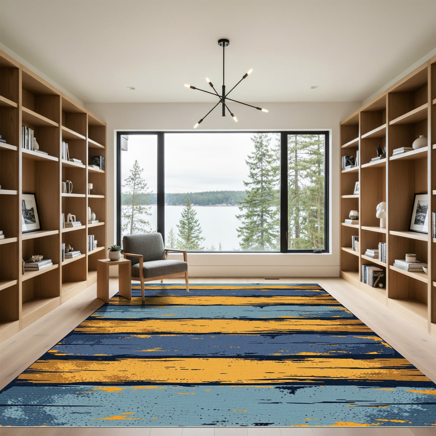 Rustic Blue and Golden Horizontal Stripes Rug