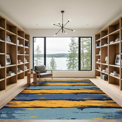 Rustic Blue and Golden Horizontal Stripes Rug