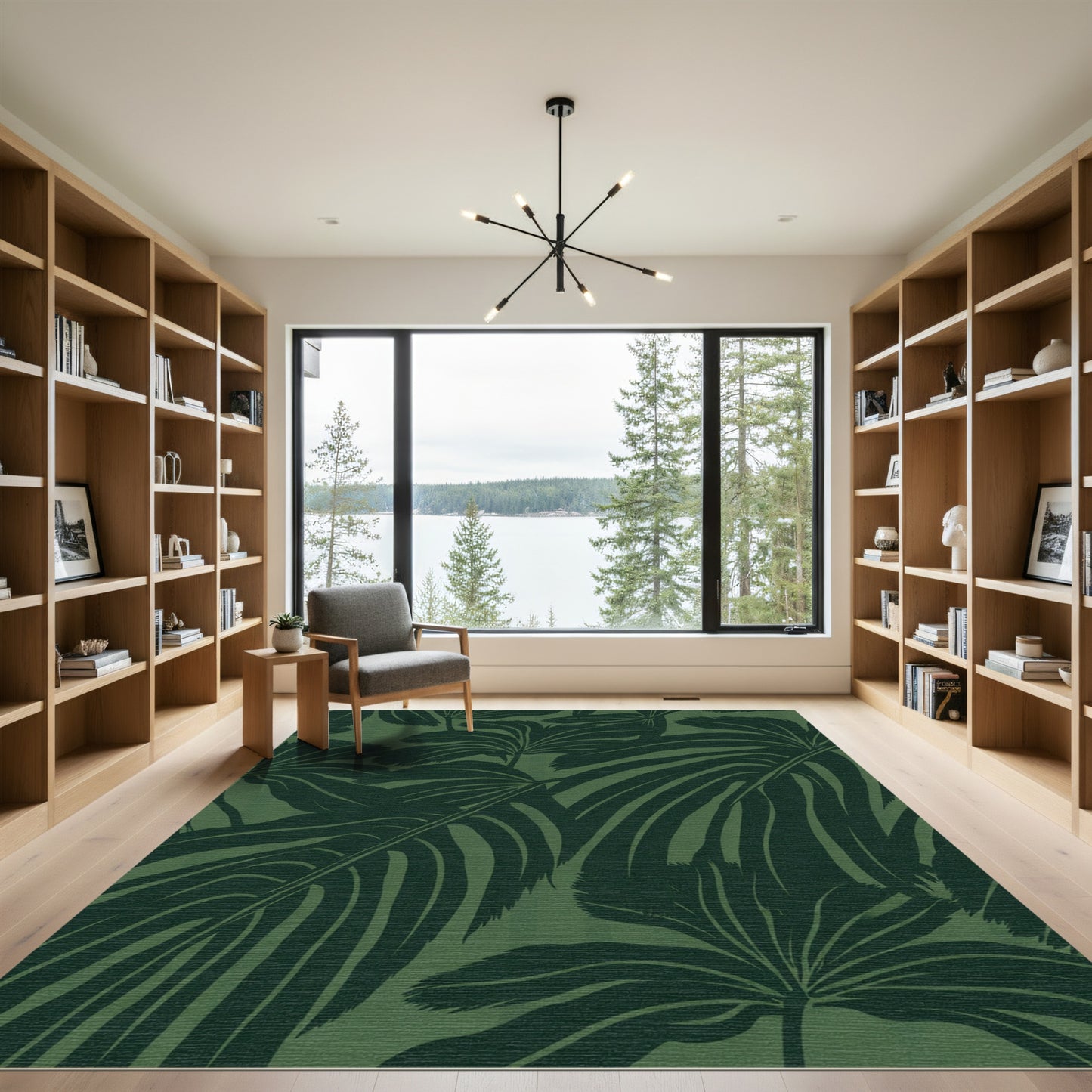 Dark Green Tropical Leaf Stripe Rug