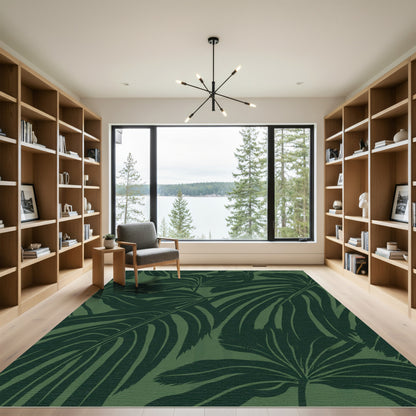 Dark Green Tropical Leaf Stripe Rug