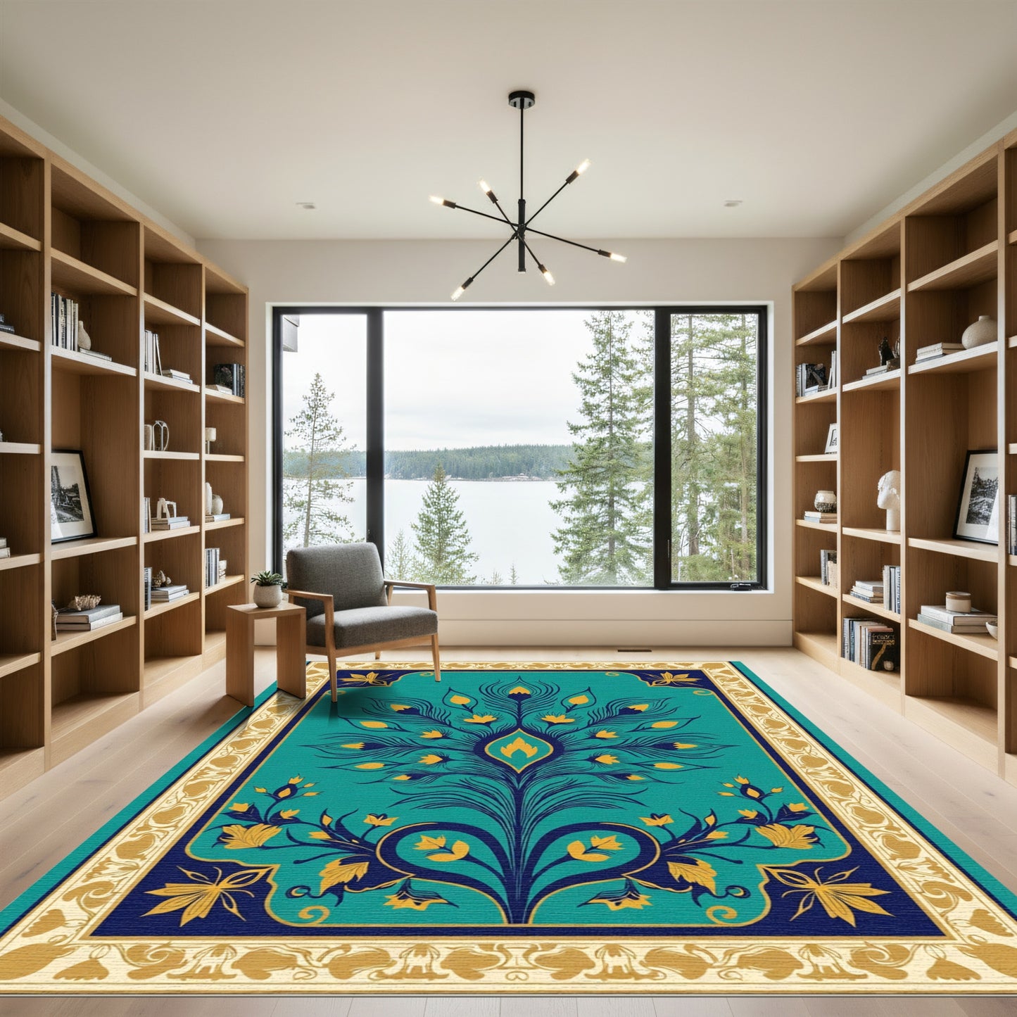 Teal And Gold Peacock Feather Border Rug