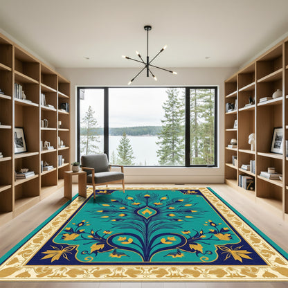 Teal And Gold Peacock Feather Border Rug