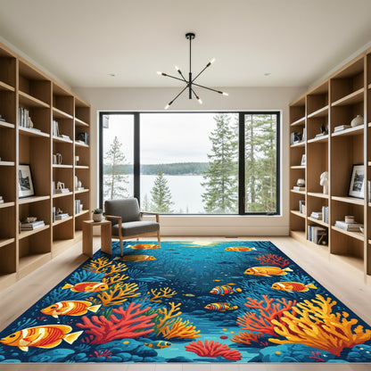 Vibrant Orange Fish Coral Scene Rug