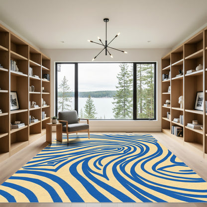 Blue Ink Swirl On Cream Ground Rug