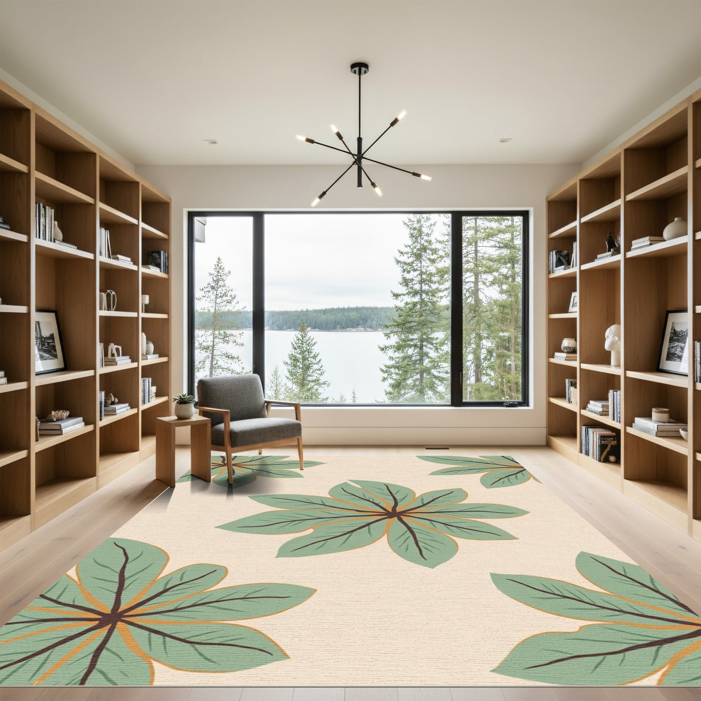Muted Green Leaf Sunburst Rug