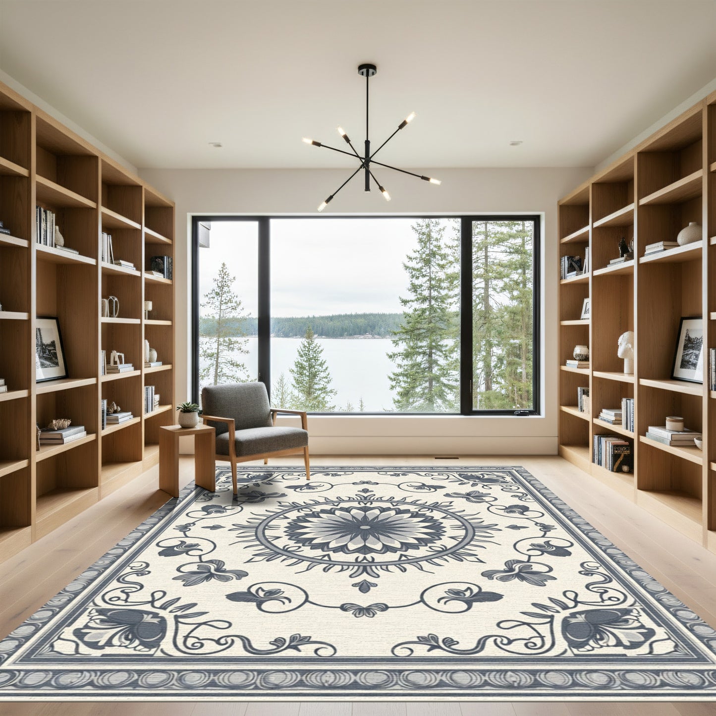 Ivory Navy Floral Medallion Border Rug