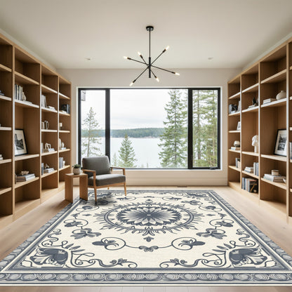 Ivory Navy Floral Medallion Border Rug