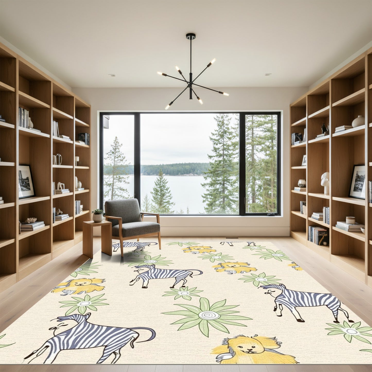Whimsical Yellow Lion Zebra Floral Rug