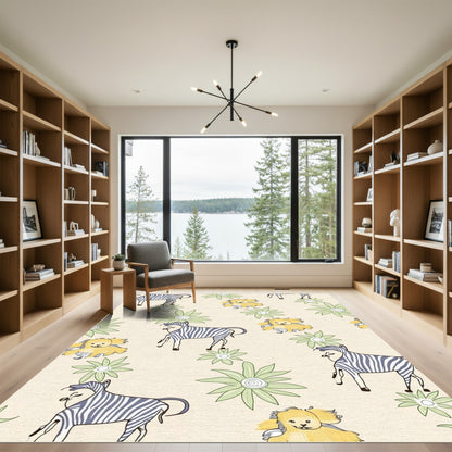 Whimsical Yellow Lion Zebra Floral Rug