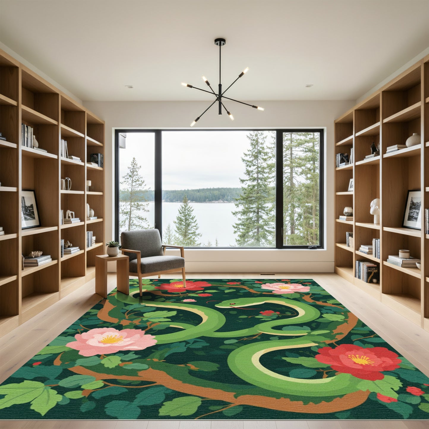 Emerald Serpent Amidst Pink Red Blossoms Rug