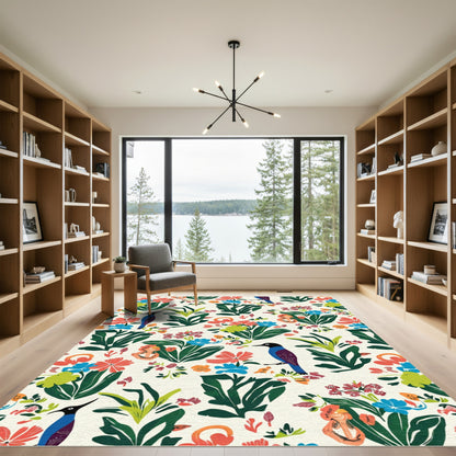 Vibrant Exotic Birds Floral Arrangement Rug
