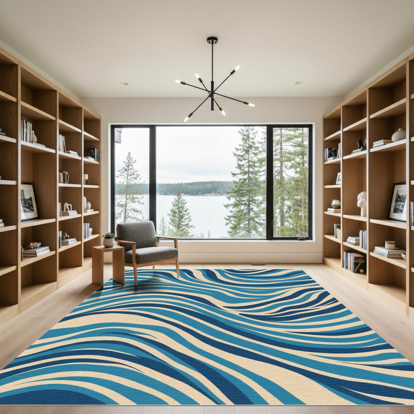 Deep Blue Beige Flowing Waves Rug
