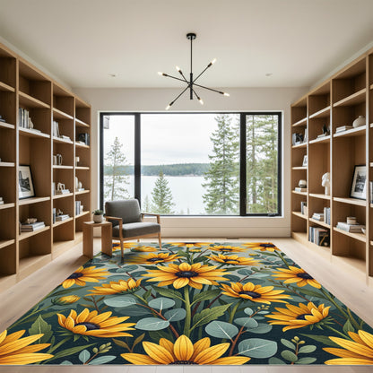 Golden Sunflower and Eucalyptus Botanical Illustration Rug