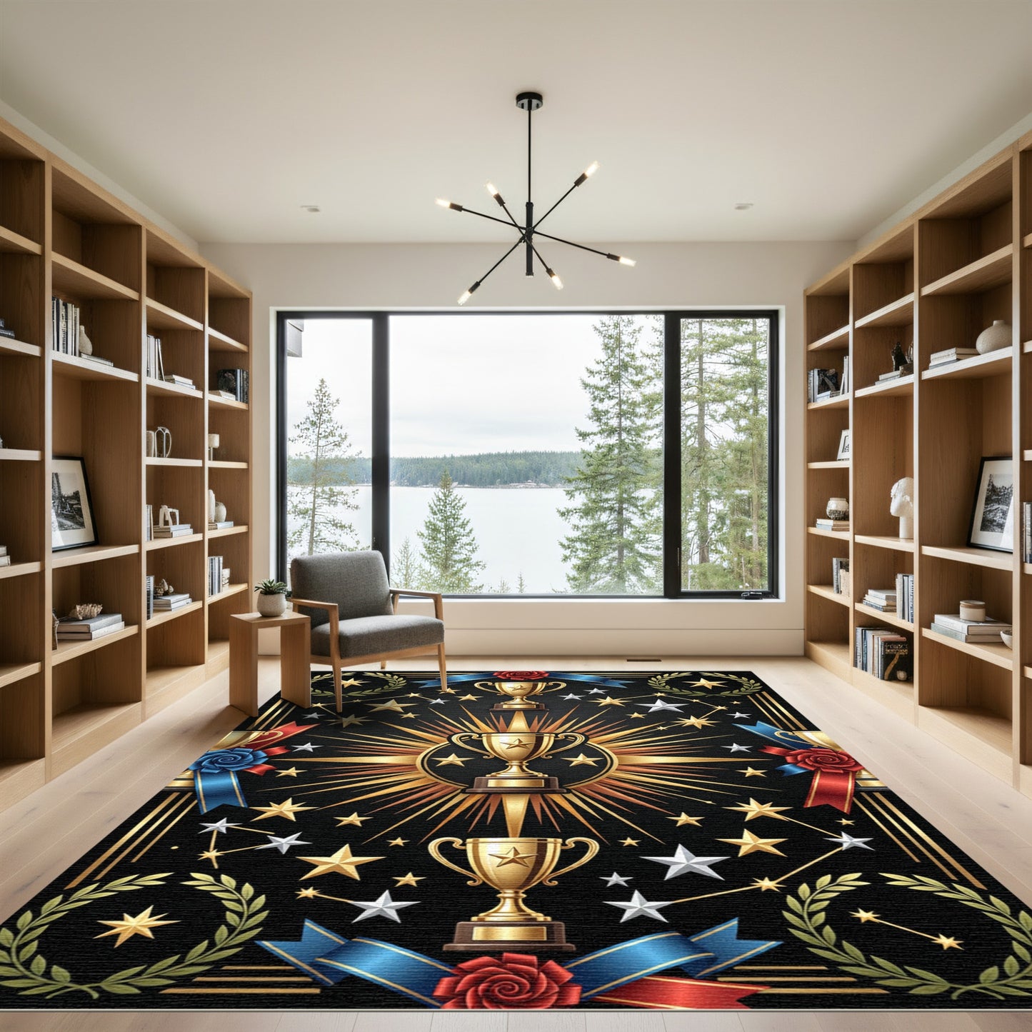 Golden Trophy Celestial Starry Black Emblem Rug
