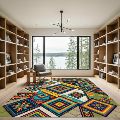 Vibrant Geometric Square Floral Fiesta Rug