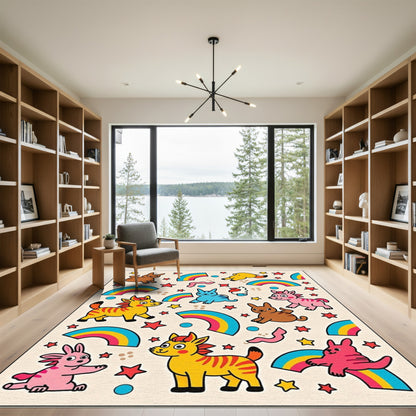 Whimsical Animals Rainbow Star Accents Rug