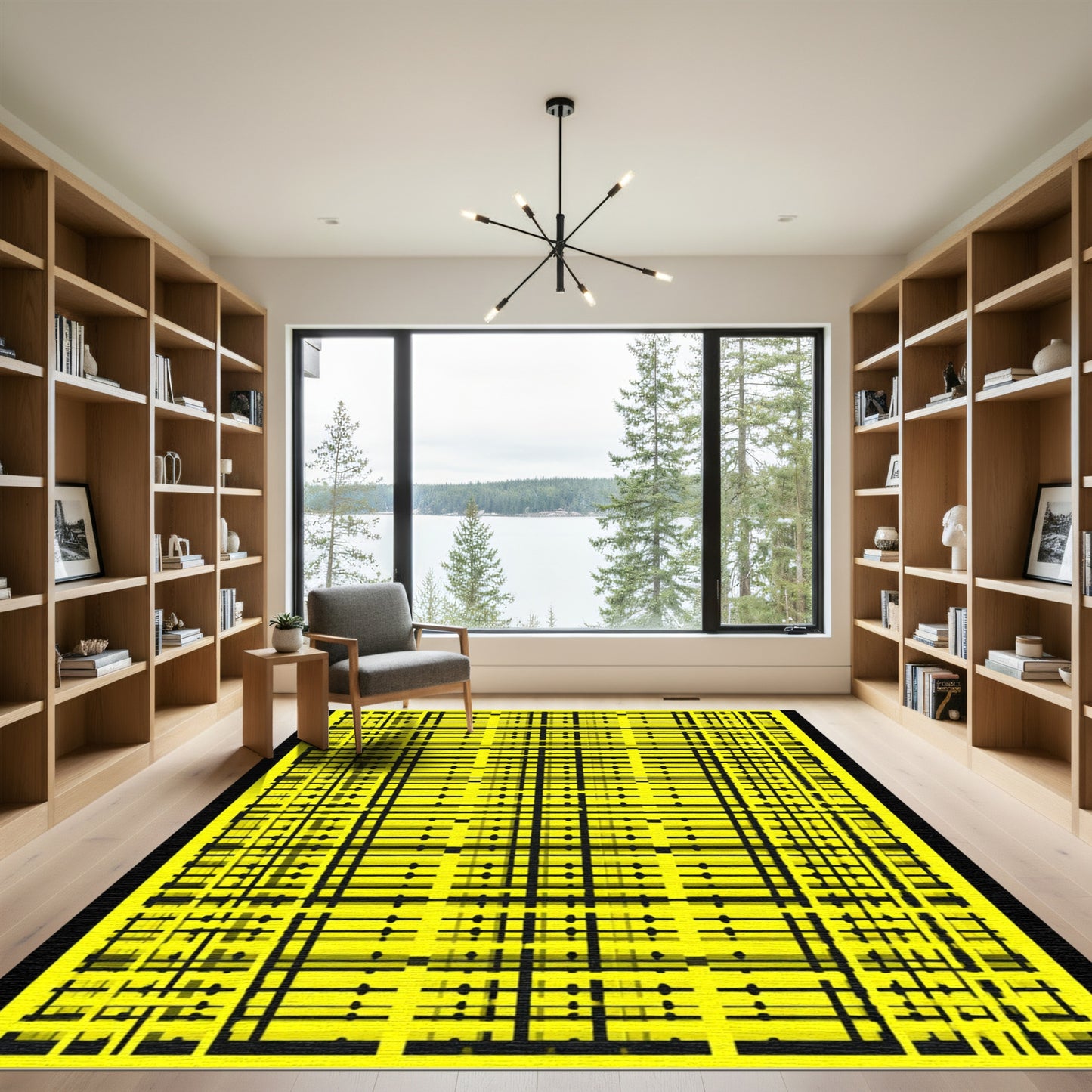 Geometric Black Lines Yellow Grid Rug