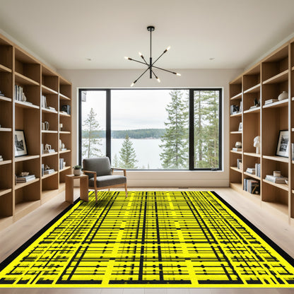 Geometric Black Lines Yellow Grid Rug
