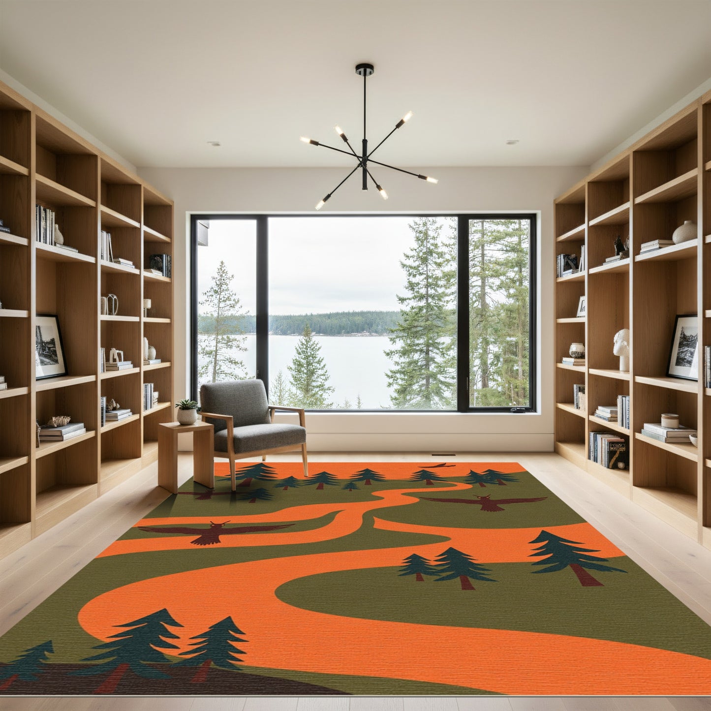Terracotta Orange Forest Bird Scene Rug