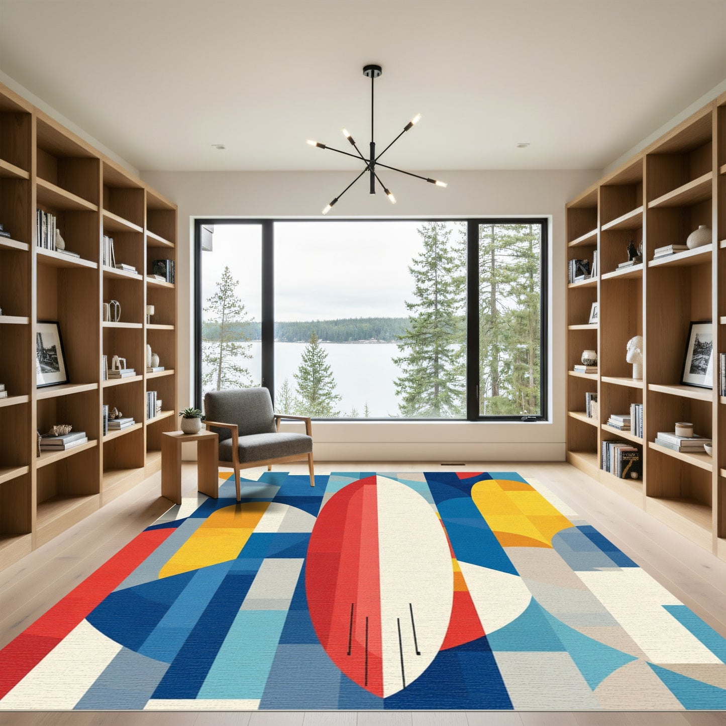 Abstract Red Cream Blue Geometric Forms Rug