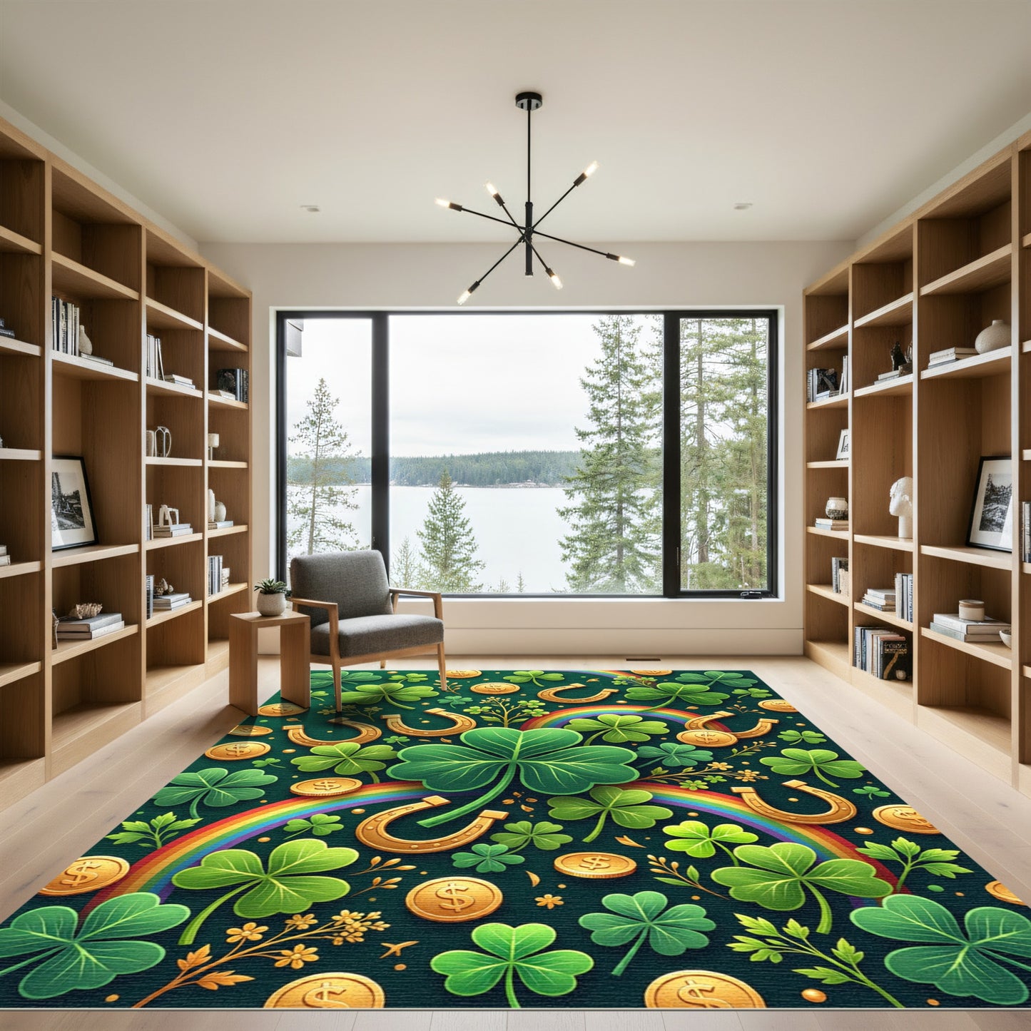 Lucky Golden Clover Horseshoe Rainbow Illustration Rug
