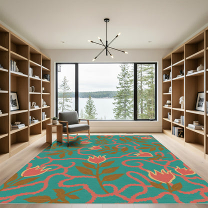 Coral Pink Floral Vine Teal Rug