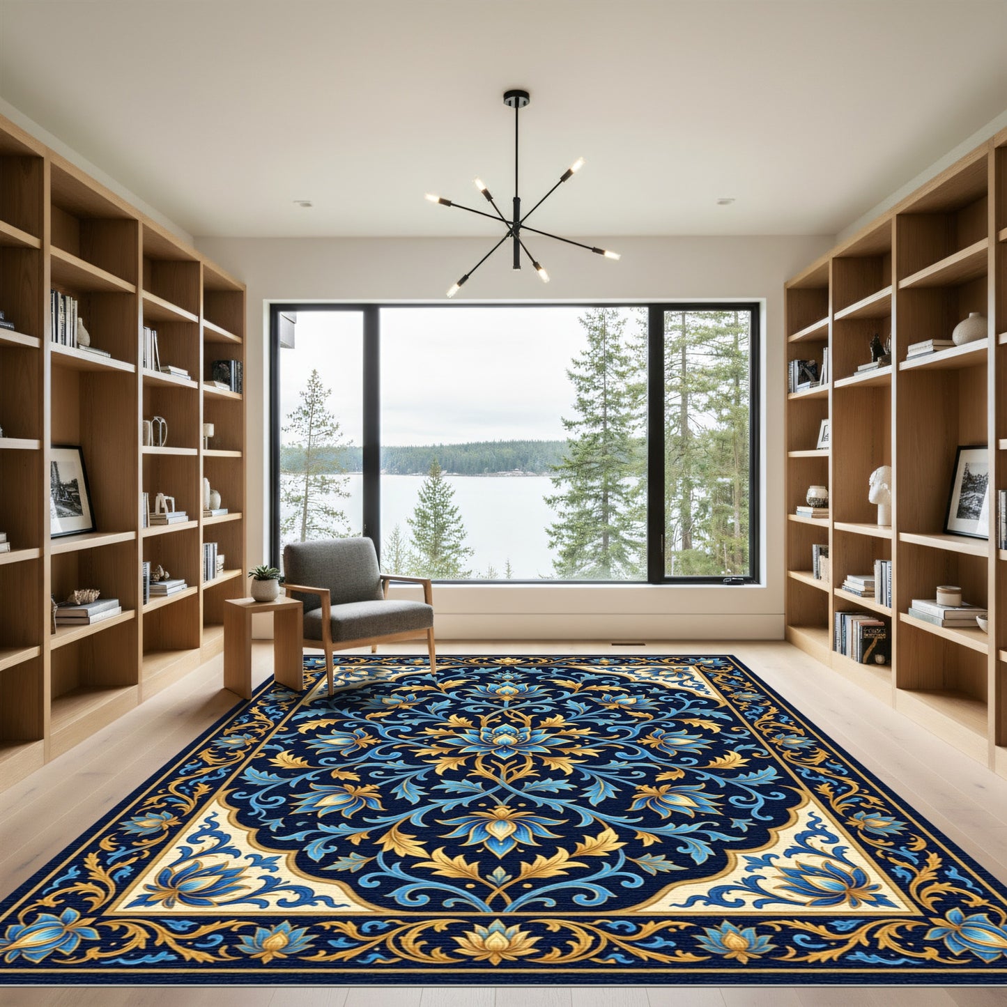 Elegant Navy Gold Lotus Floral Medallion Rug